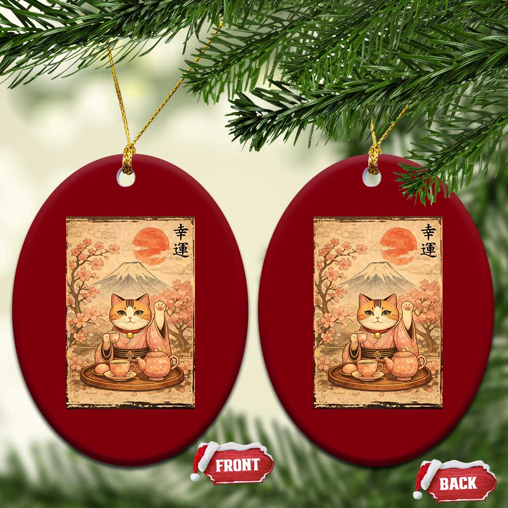 Japanese Maneki Neko Drinking Tea Kawaii Lucky Cat Ceramic Ornament - Wonder Print Shop