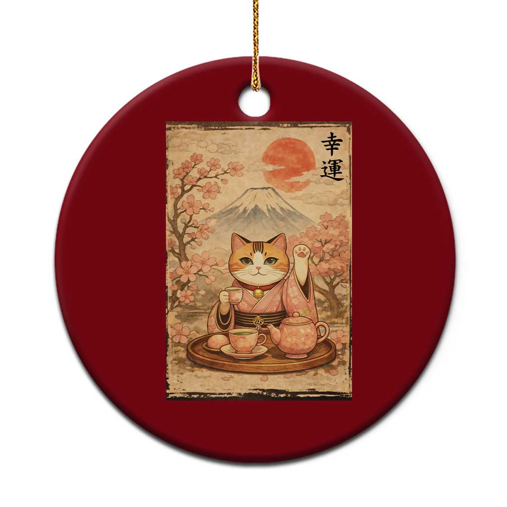 Japanese Maneki Neko Drinking Tea Kawaii Lucky Cat Ceramic Ornament - Wonder Print Shop