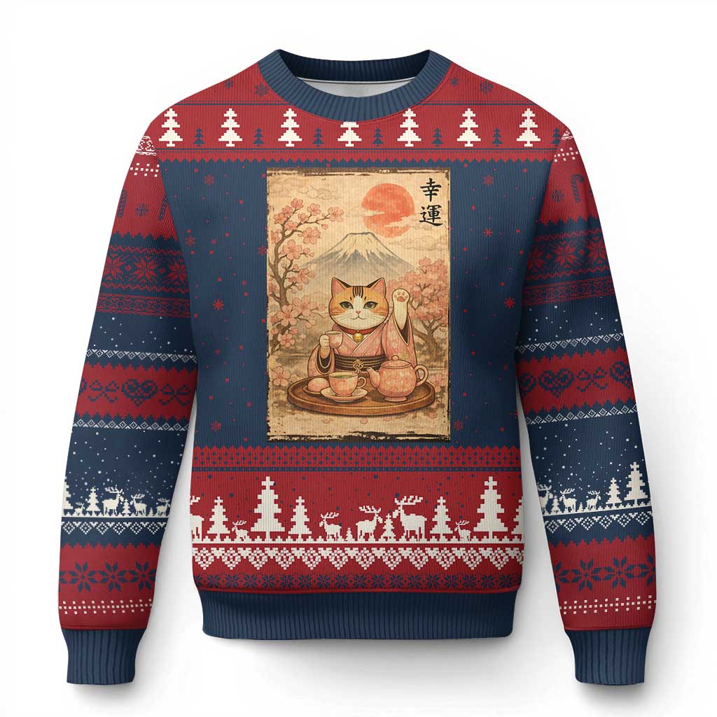 Japanese Maneki Neko Drinking Tea Kawaii Lucky Cat Ugly Christmas Sweater - Wonder Print Shop