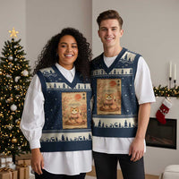 Japanese Maneki Neko Drinking Tea Kawaii Lucky Cat V-Neck Knit Sweater Vest - Wonder Print Shop