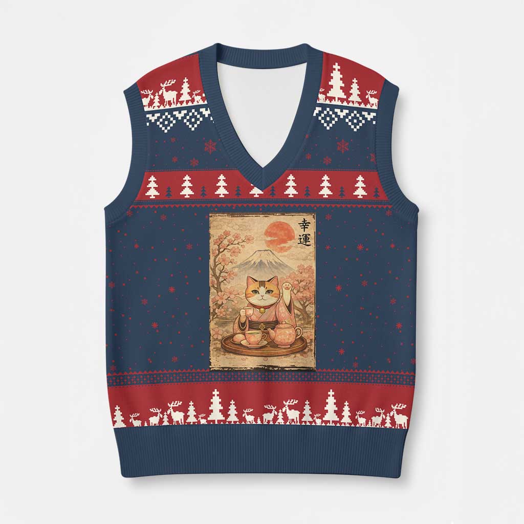Japanese Maneki Neko Drinking Tea Kawaii Lucky Cat V-Neck Knit Sweater Vest - Wonder Print Shop