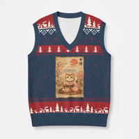 Japanese Maneki Neko Drinking Tea Kawaii Lucky Cat V-Neck Knit Sweater Vest - Wonder Print Shop