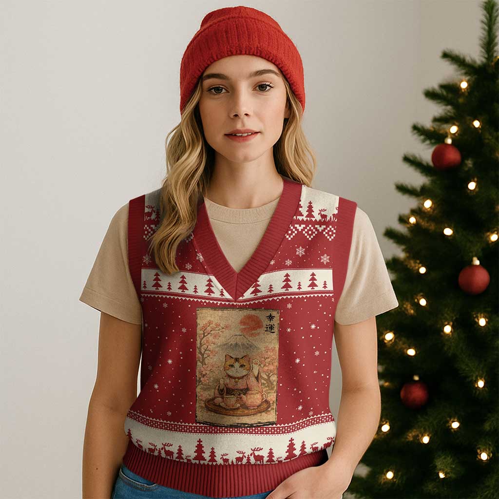 Japanese Maneki Neko Drinking Tea Kawaii Lucky Cat V-Neck Knit Sweater Vest - Wonder Print Shop
