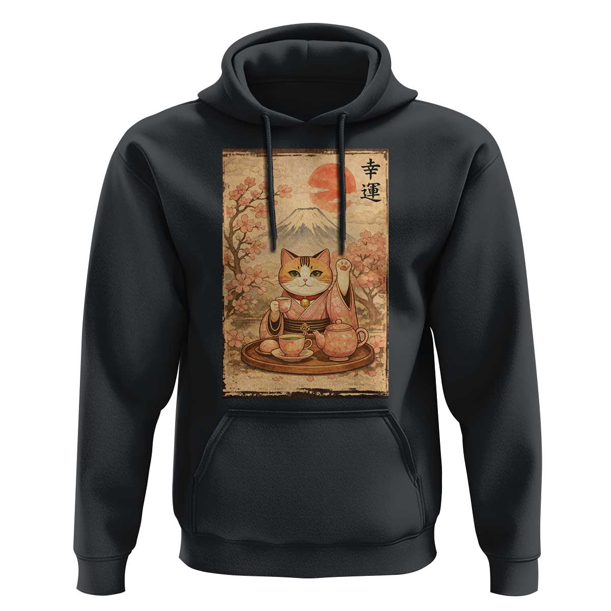 Japanese Maneki Neko Drinking Tea Kawaii Lucky Cat Hoodie - Wonder Print Shop