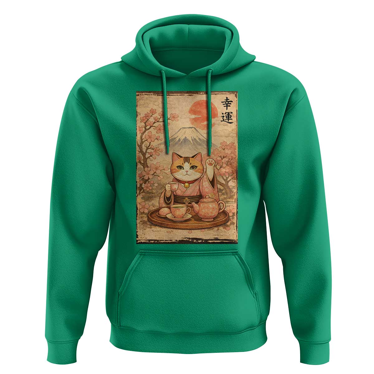 Japanese Maneki Neko Drinking Tea Kawaii Lucky Cat Hoodie - Wonder Print Shop