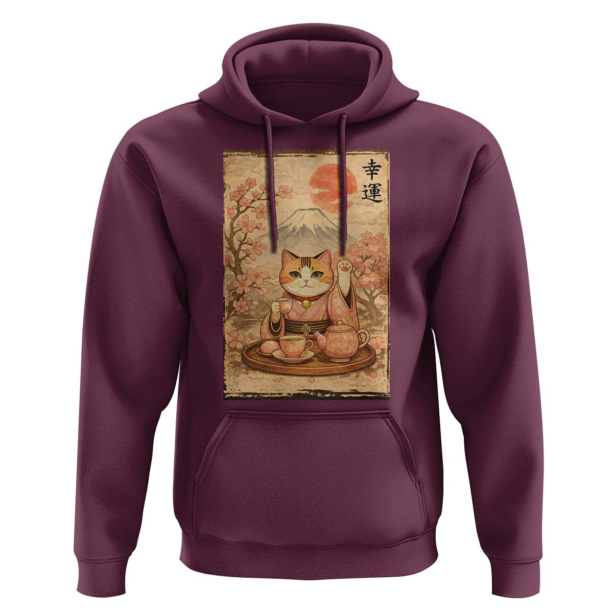 Japanese Maneki Neko Drinking Tea Kawaii Lucky Cat Hoodie - Wonder Print Shop