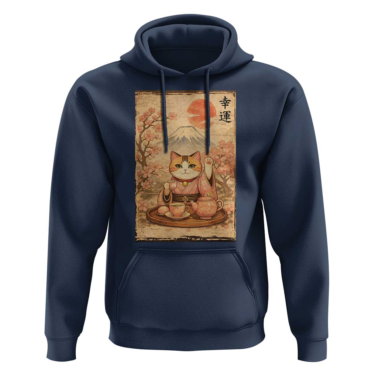 Japanese Maneki Neko Drinking Tea Kawaii Lucky Cat Hoodie - Wonder Print Shop