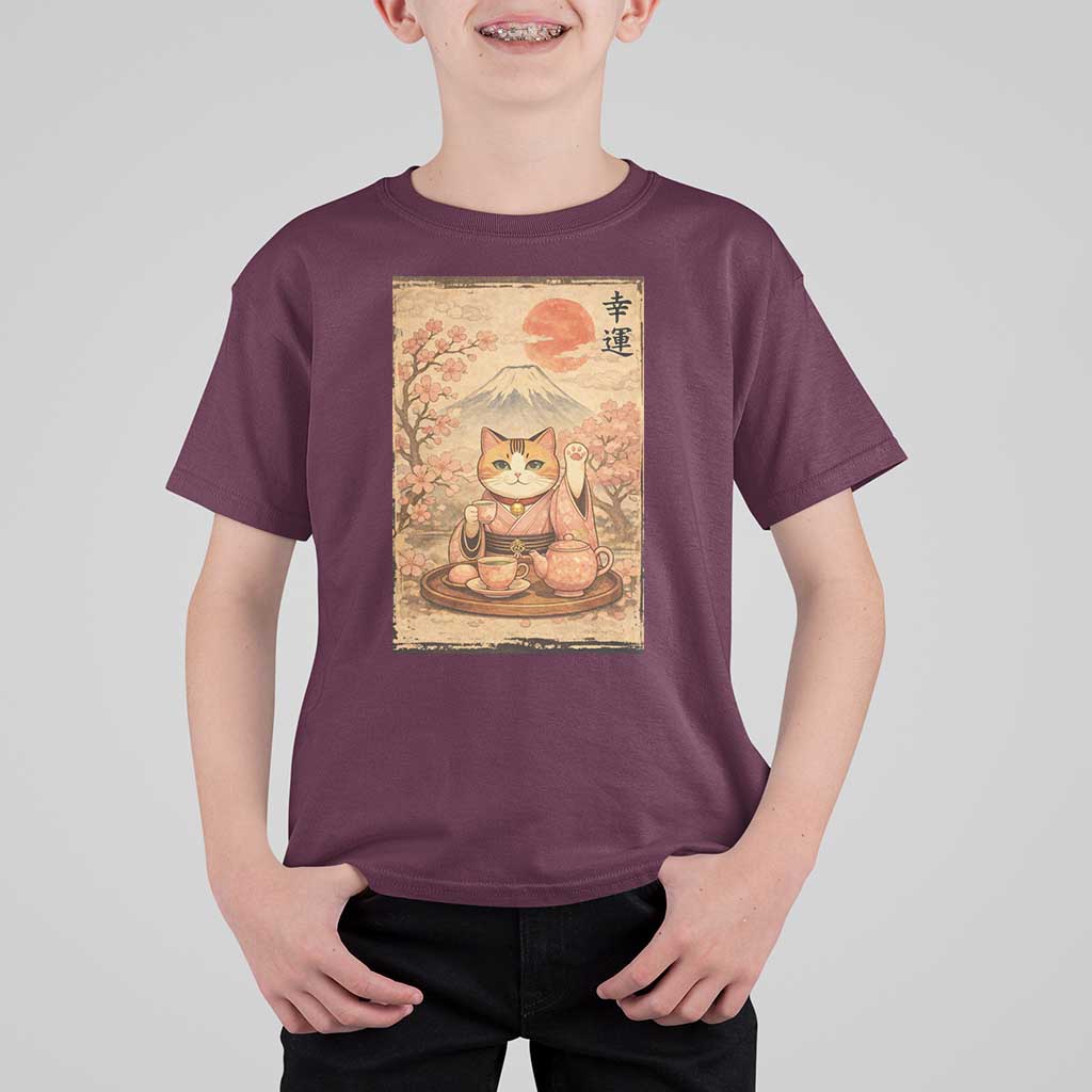 Japanese Maneki Neko Drinking Tea Kawaii Lucky Cat T Shirt For Kid - Wonder Print Shop