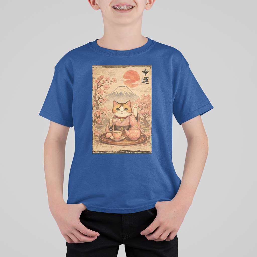 Japanese Maneki Neko Drinking Tea Kawaii Lucky Cat T Shirt For Kid - Wonder Print Shop