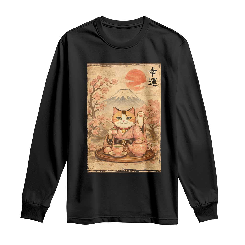 Japanese Maneki Neko Drinking Tea Kawaii Lucky Cat Long Sleeve Shirt - Wonder Print Shop