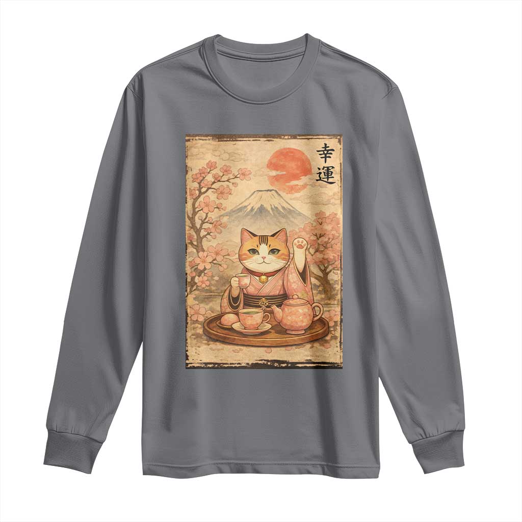 Japanese Maneki Neko Drinking Tea Kawaii Lucky Cat Long Sleeve Shirt - Wonder Print Shop