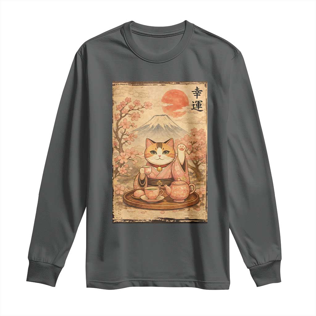 Japanese Maneki Neko Drinking Tea Kawaii Lucky Cat Long Sleeve Shirt - Wonder Print Shop