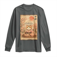 Japanese Maneki Neko Drinking Tea Kawaii Lucky Cat Long Sleeve Shirt - Wonder Print Shop
