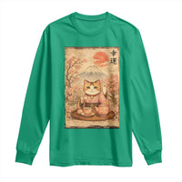 Japanese Maneki Neko Drinking Tea Kawaii Lucky Cat Long Sleeve Shirt - Wonder Print Shop