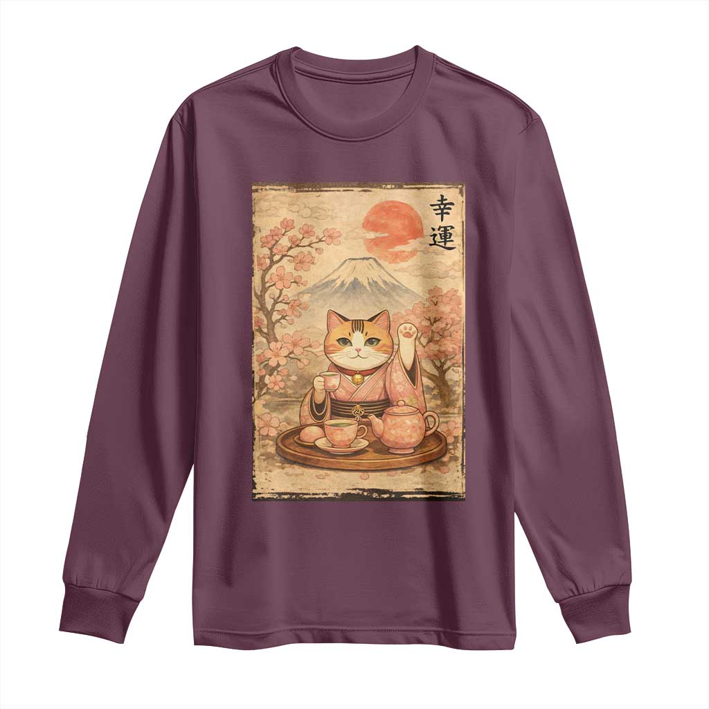 Japanese Maneki Neko Drinking Tea Kawaii Lucky Cat Long Sleeve Shirt - Wonder Print Shop