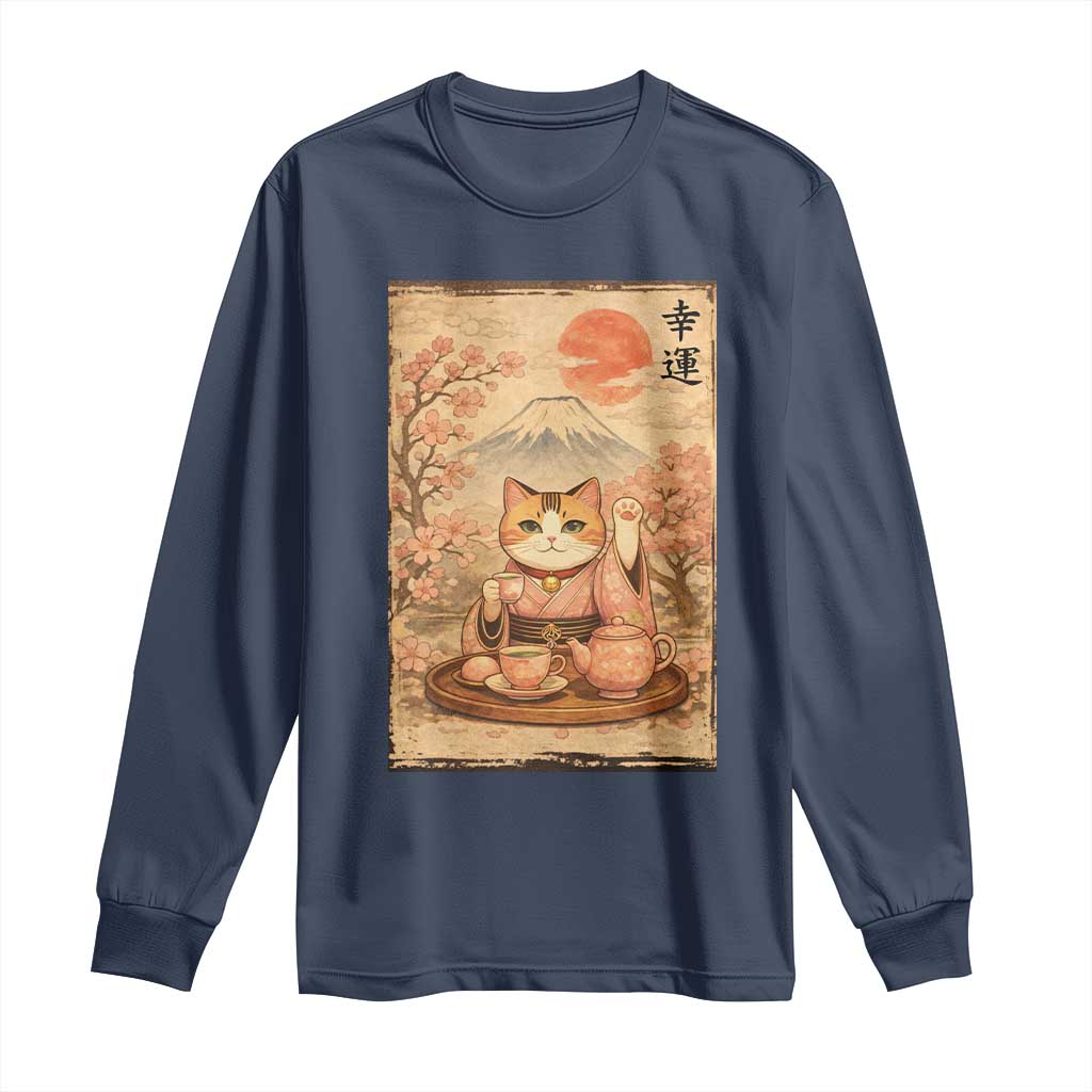 Japanese Maneki Neko Drinking Tea Kawaii Lucky Cat Long Sleeve Shirt - Wonder Print Shop