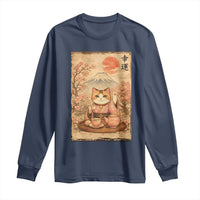 Japanese Maneki Neko Drinking Tea Kawaii Lucky Cat Long Sleeve Shirt - Wonder Print Shop