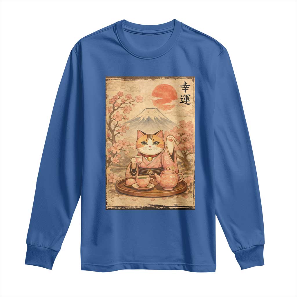 Japanese Maneki Neko Drinking Tea Kawaii Lucky Cat Long Sleeve Shirt - Wonder Print Shop