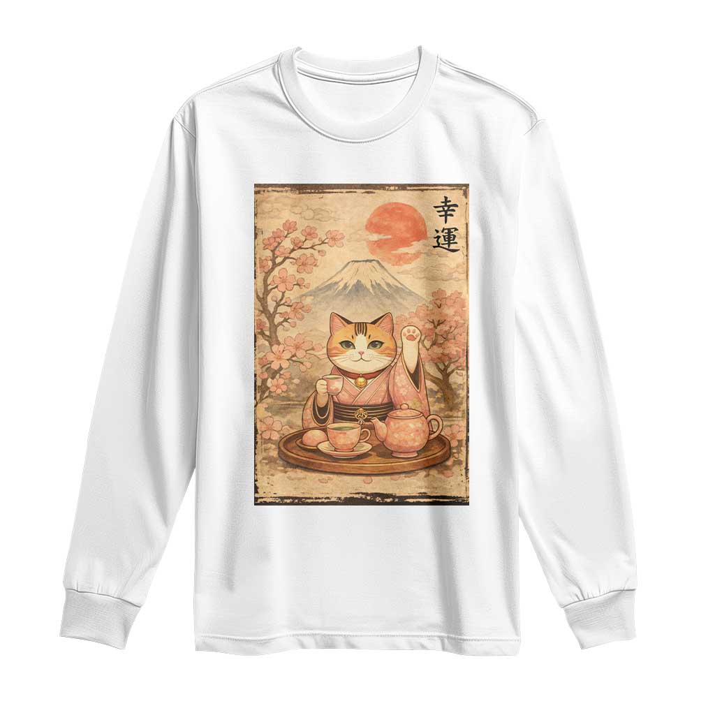 Japanese Maneki Neko Drinking Tea Kawaii Lucky Cat Long Sleeve Shirt - Wonder Print Shop