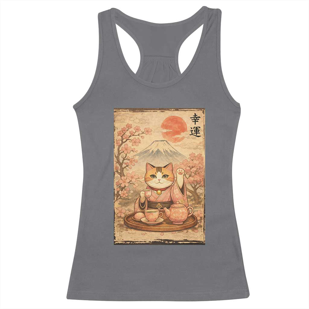 Japanese Maneki Neko Drinking Tea Kawaii Lucky Cat Racerback Tank Top - Wonder Print Shop