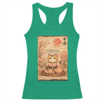 Japanese Maneki Neko Drinking Tea Kawaii Lucky Cat Racerback Tank Top - Wonder Print Shop