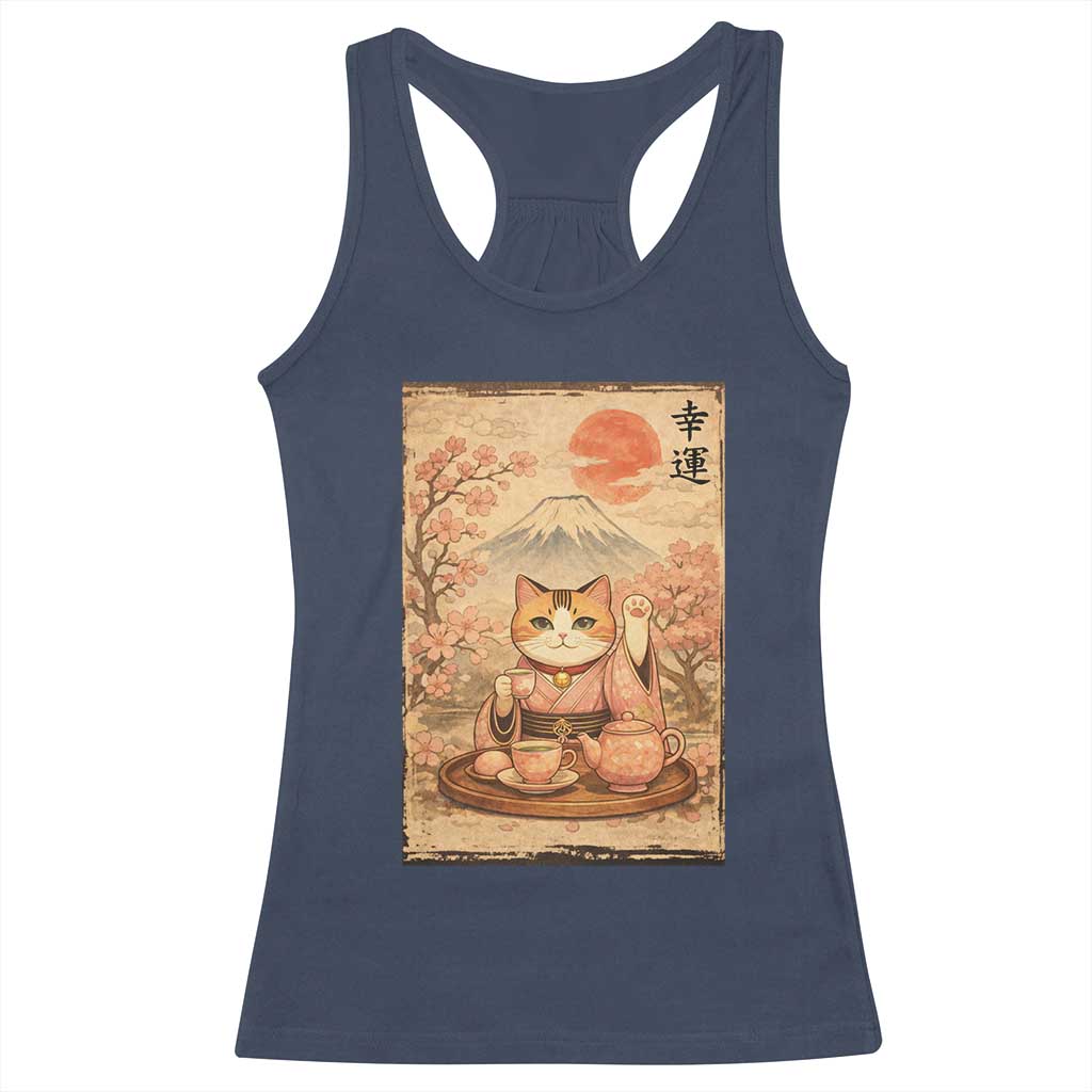 Japanese Maneki Neko Drinking Tea Kawaii Lucky Cat Racerback Tank Top - Wonder Print Shop