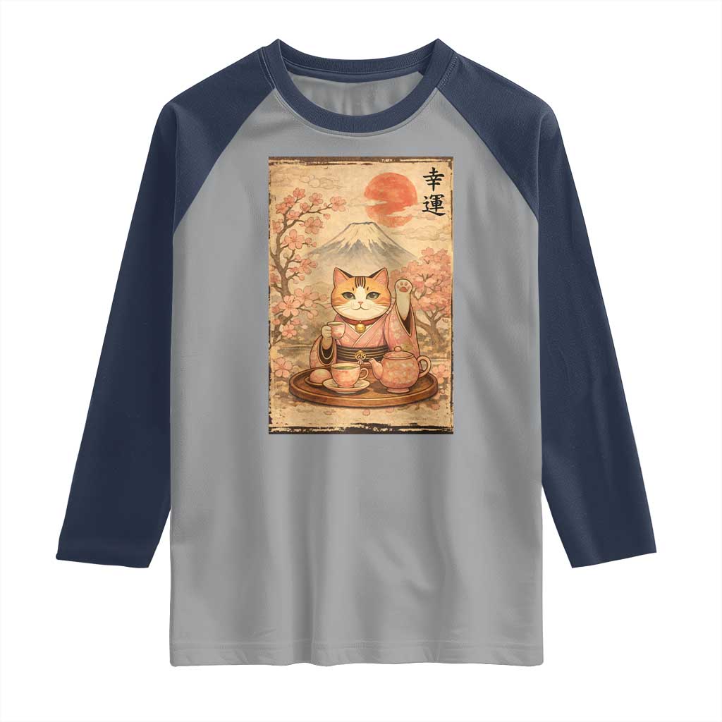 Japanese Maneki Neko Drinking Tea Kawaii Lucky Cat Raglan Shirt - Wonder Print Shop