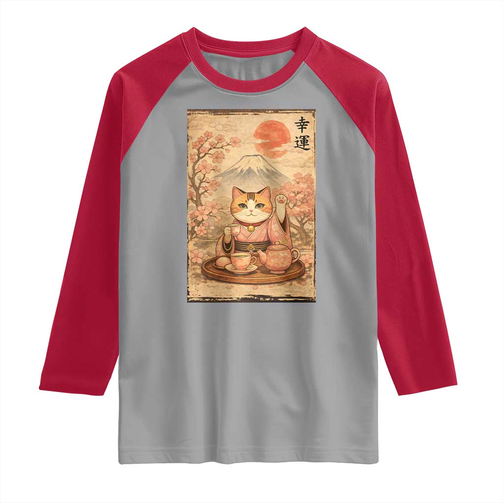 Japanese Maneki Neko Drinking Tea Kawaii Lucky Cat Raglan Shirt - Wonder Print Shop
