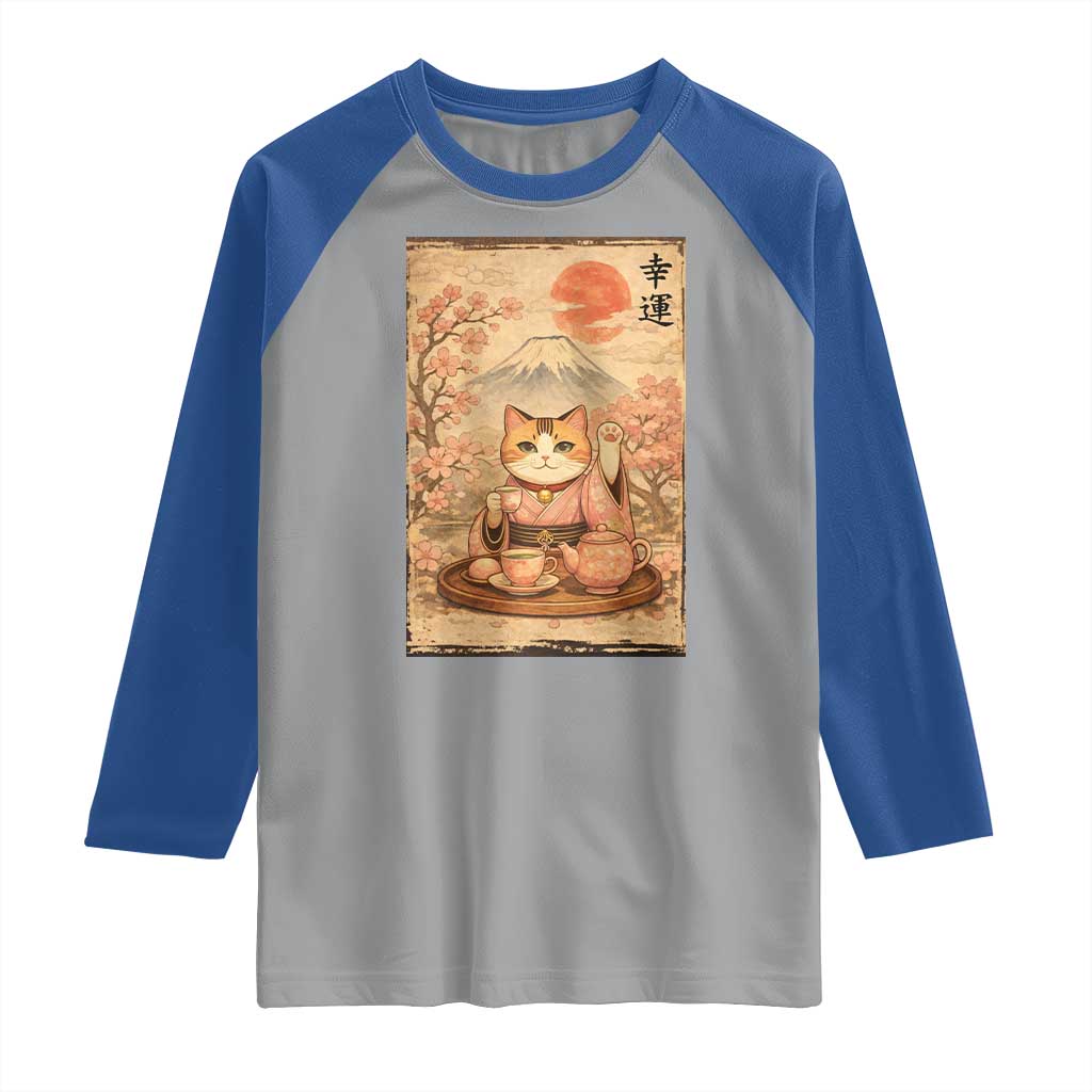 Japanese Maneki Neko Drinking Tea Kawaii Lucky Cat Raglan Shirt - Wonder Print Shop
