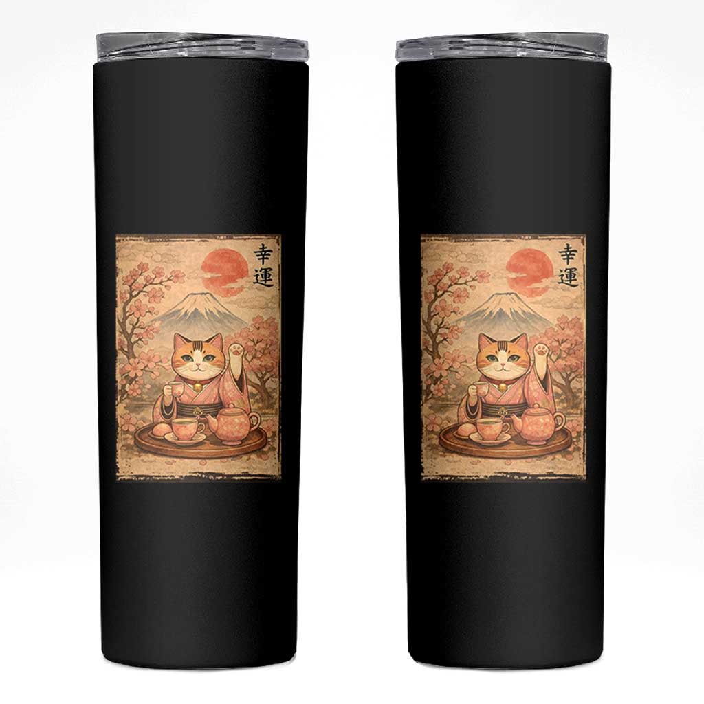 Japanese Maneki Neko Drinking Tea Kawaii Lucky Cat Skinny Tumbler - Wonder Print Shop