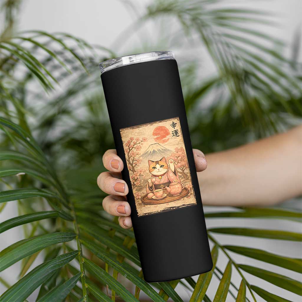 Japanese Maneki Neko Drinking Tea Kawaii Lucky Cat Skinny Tumbler - Wonder Print Shop