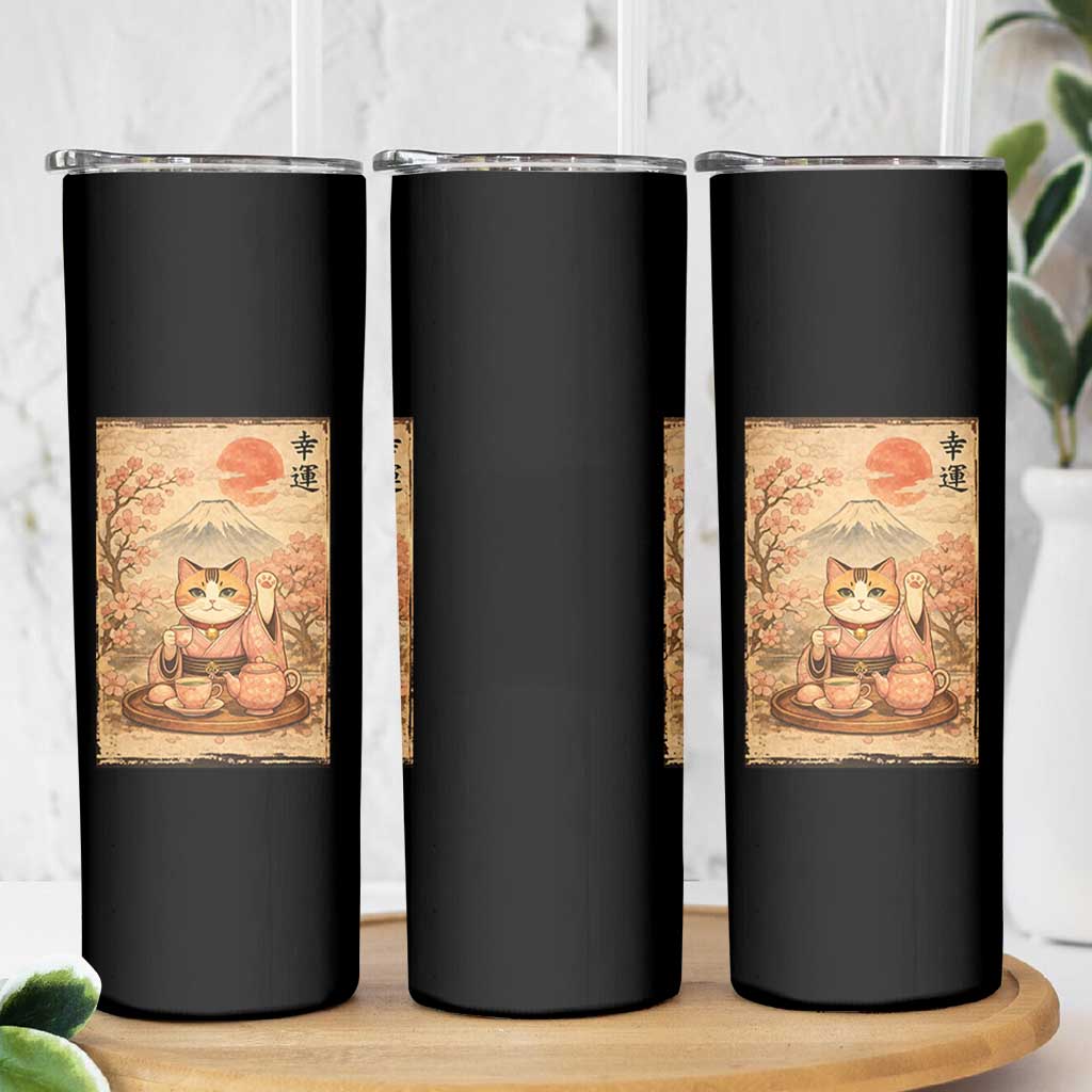 Japanese Maneki Neko Drinking Tea Kawaii Lucky Cat Skinny Tumbler - Wonder Print Shop