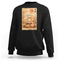 Japanese Maneki Neko Drinking Tea Kawaii Lucky Cat Sweatshirt - Wonder Print Shop