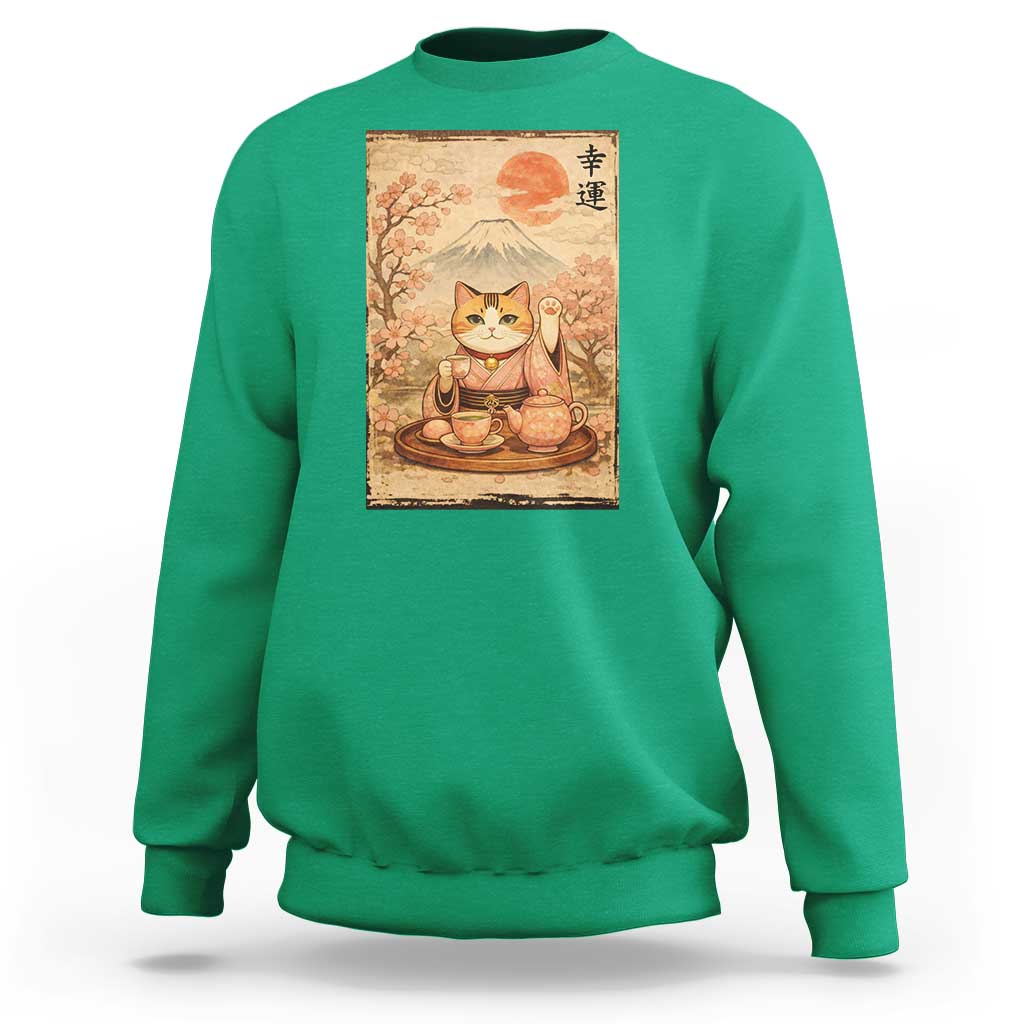 Japanese Maneki Neko Drinking Tea Kawaii Lucky Cat Sweatshirt - Wonder Print Shop