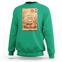 Japanese Maneki Neko Drinking Tea Kawaii Lucky Cat Sweatshirt - Wonder Print Shop