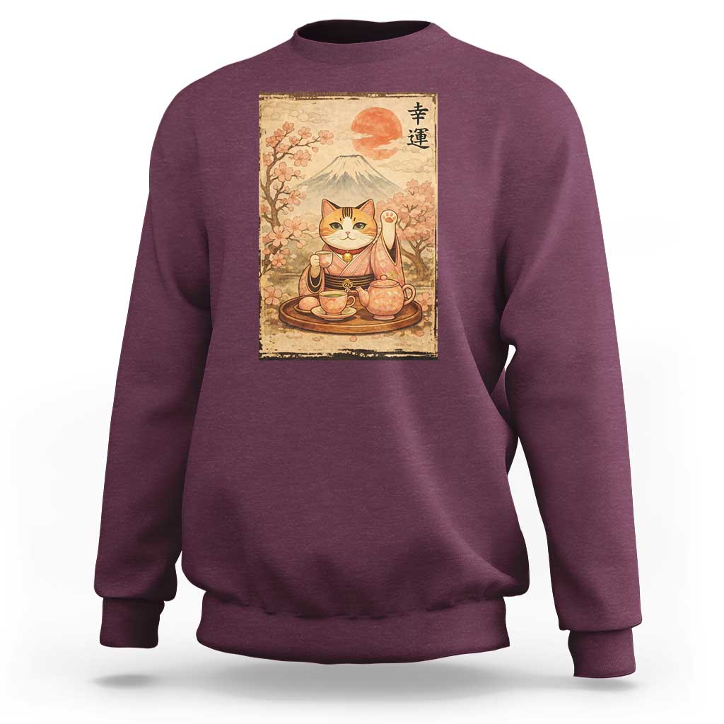 Japanese Maneki Neko Drinking Tea Kawaii Lucky Cat Sweatshirt - Wonder Print Shop