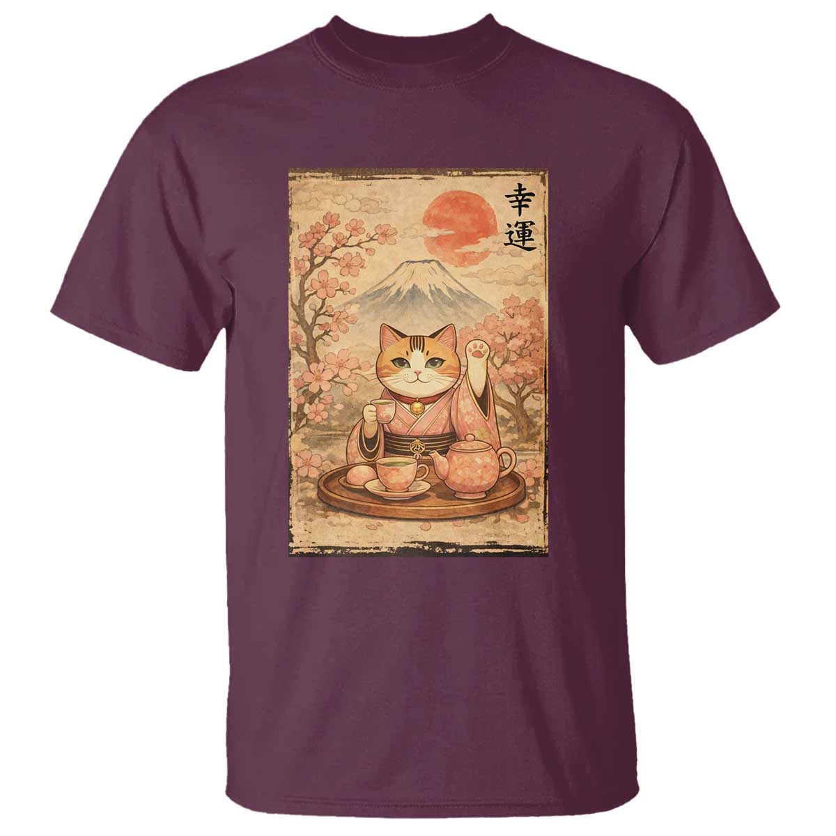 Japanese Maneki Neko Drinking Tea Kawaii Lucky Cat T Shirt - Wonder Print Shop