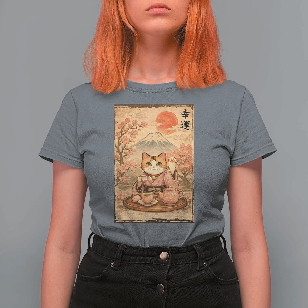 Japanese Maneki Neko Drinking Tea Kawaii Lucky Cat T Shirt For Women - Wonder Print Shop