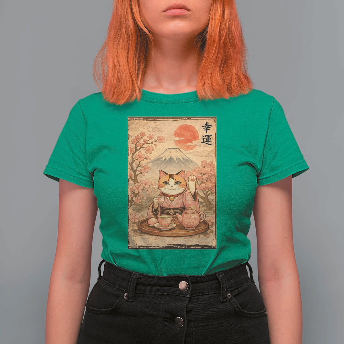 Japanese Maneki Neko Drinking Tea Kawaii Lucky Cat T Shirt For Women - Wonder Print Shop