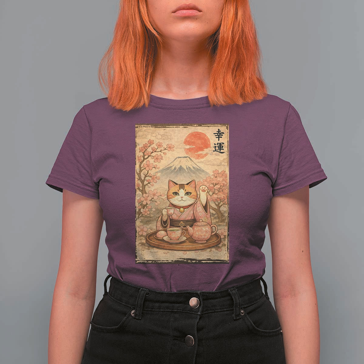 Japanese Maneki Neko Drinking Tea Kawaii Lucky Cat T Shirt For Women - Wonder Print Shop