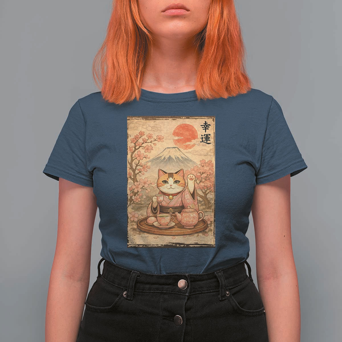 Japanese Maneki Neko Drinking Tea Kawaii Lucky Cat T Shirt For Women - Wonder Print Shop