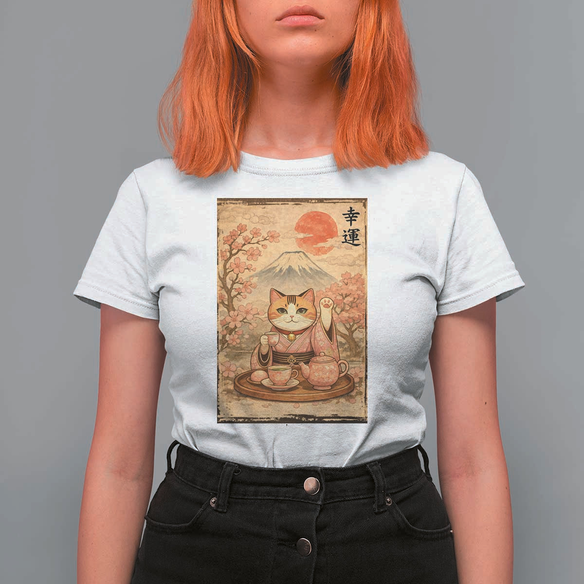 Japanese Maneki Neko Drinking Tea Kawaii Lucky Cat T Shirt For Women - Wonder Print Shop