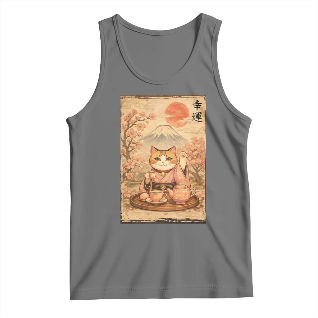 Japanese Maneki Neko Drinking Tea Kawaii Lucky Cat Tank Top - Wonder Print Shop