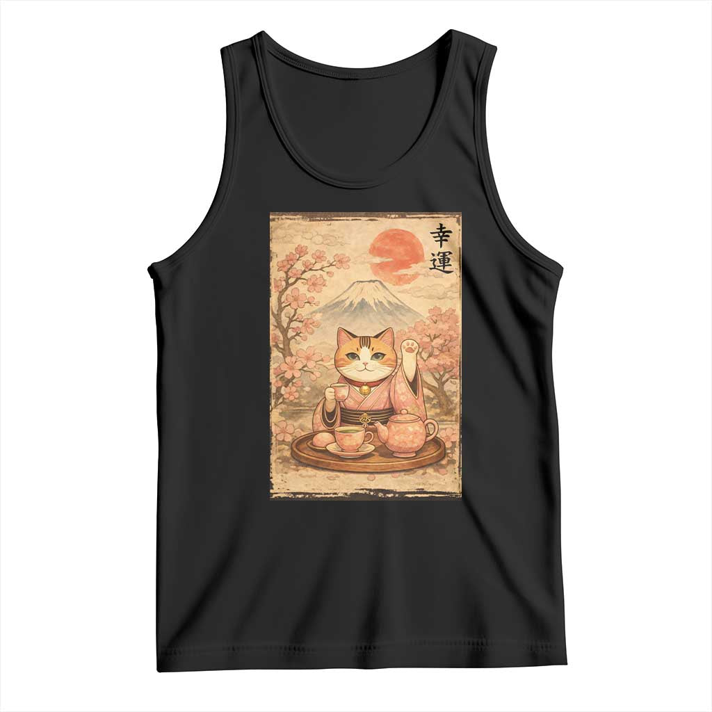 Japanese Maneki Neko Drinking Tea Kawaii Lucky Cat Tank Top - Wonder Print Shop