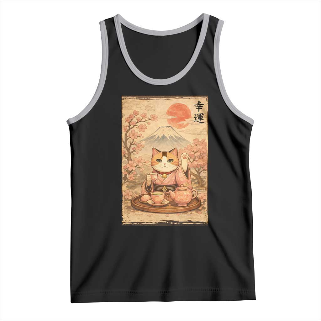 Japanese Maneki Neko Drinking Tea Kawaii Lucky Cat Tank Top - Wonder Print Shop