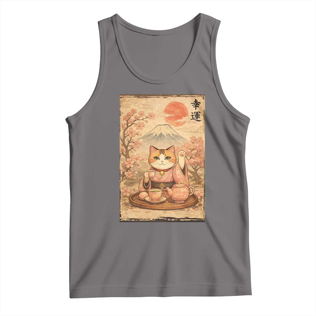 Japanese Maneki Neko Drinking Tea Kawaii Lucky Cat Tank Top - Wonder Print Shop