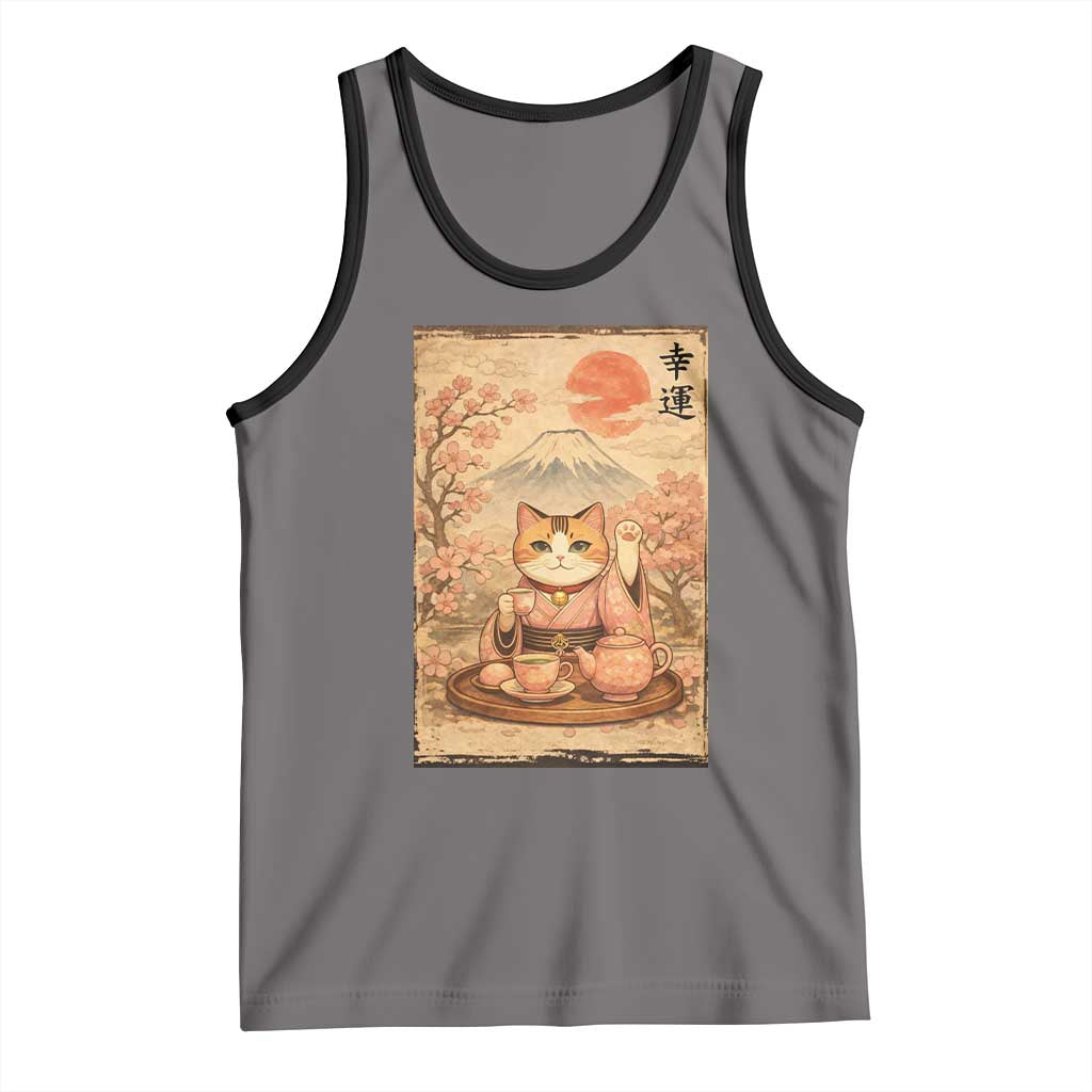 Japanese Maneki Neko Drinking Tea Kawaii Lucky Cat Tank Top - Wonder Print Shop
