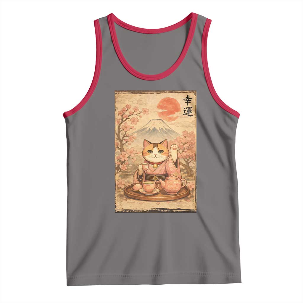 Japanese Maneki Neko Drinking Tea Kawaii Lucky Cat Tank Top - Wonder Print Shop