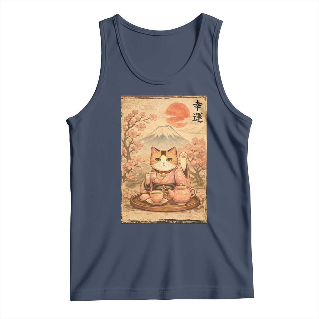 Japanese Maneki Neko Drinking Tea Kawaii Lucky Cat Tank Top - Wonder Print Shop