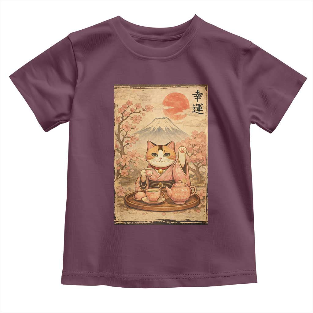 Japanese Maneki Neko Drinking Tea Kawaii Lucky Cat Toddler T Shirt - Wonder Print Shop